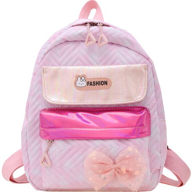 (Pink) And Cute Playful Bowknot Backpack For Children With Stylish Checkered Pattern
