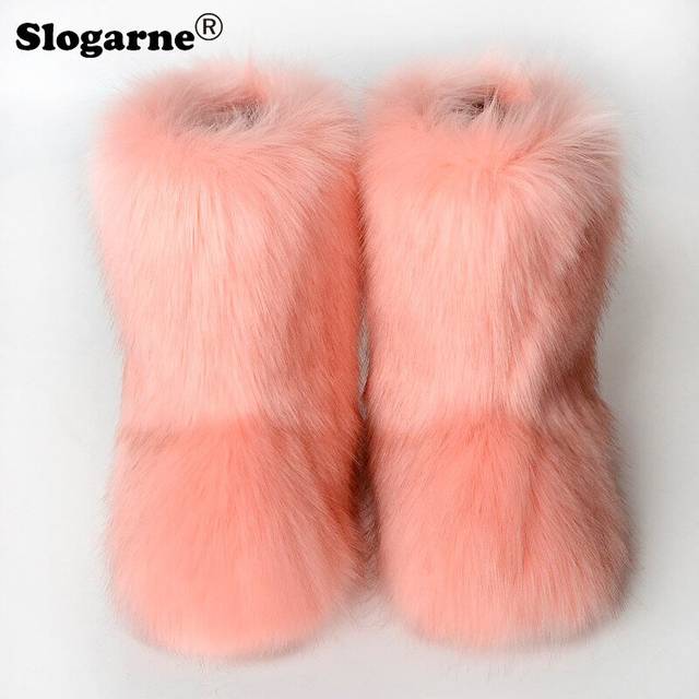 (37, Apricot 02) Women's Winter Fluffy Faux Fox Fur Boots Woman Plush Warm Snow Boots Luxury Footwear Girls' Furry Fur Bottes Fashion Winter Shoe