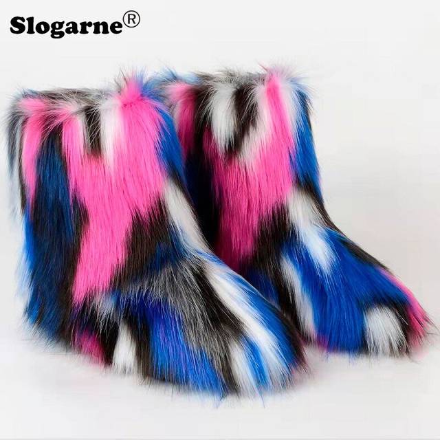 (36, Colour 05) Women's Winter Fluffy Faux Fox Fur Boots Woman Plush Warm Snow Boots Luxury Footwear Girls' Furry Fur Bottes Fashion Winter Shoe