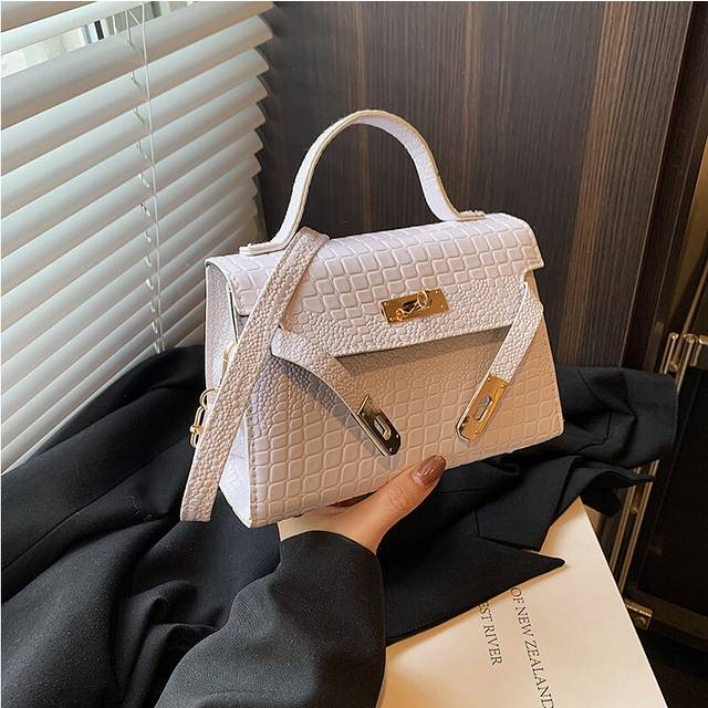 (White) Embossed Crocodile Chic Lock Small Handbag For Women 2024 Summer Trendy Shoulder And Crossbody Bag