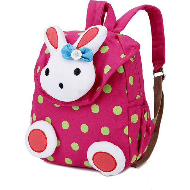 (Bright Pink) Kids Canvas Durable Backpack Cute Bunny Character Fun Polka Dot Design For Toddlers