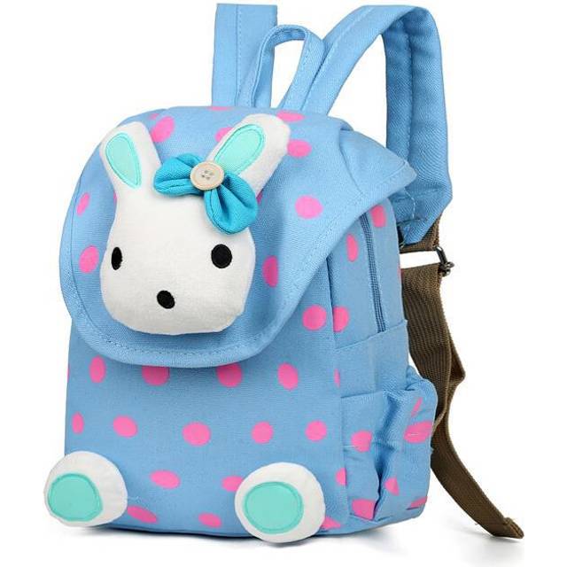 (Light Blue) Durable Canvas Kids Backpack Cute Bunny Character Fun Polka Dot Design For Toddlers