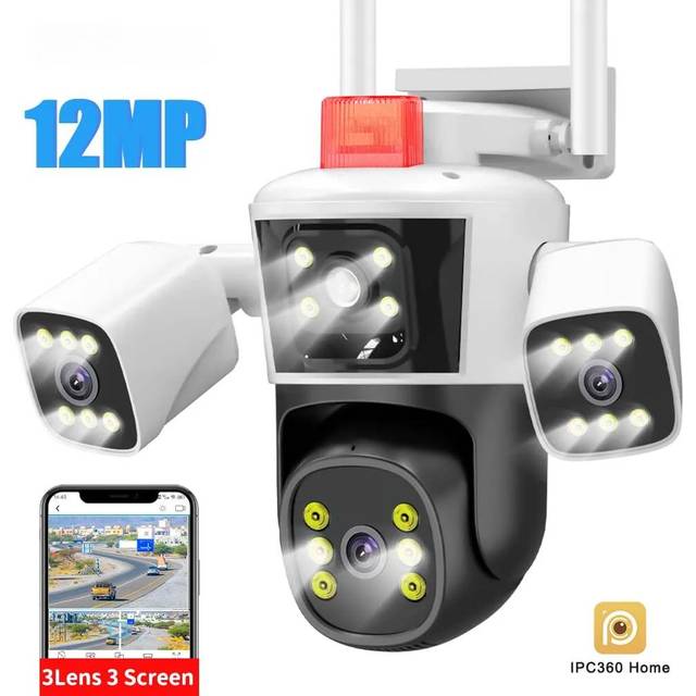 New WiFi IP Camera 6K 12MP Outdoor Surveillance Video Cam Three Screen View Security Cam Mini PTZ CCTV Street Camera IPC360 Home APP EU Plug