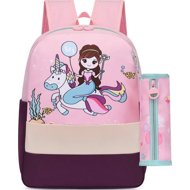 (Burgundy Mermaid Pony) Backpack Cartoon Charming For Kids Comfortable And Lightweight With Pencil Case