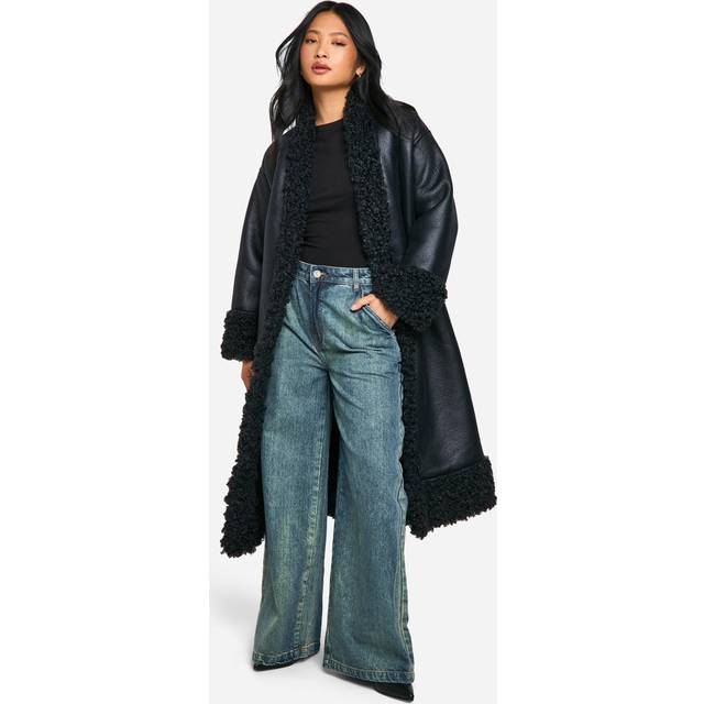Womens Petite Teddy Trim Belted Faux Leather Coat - Black - 14, Black