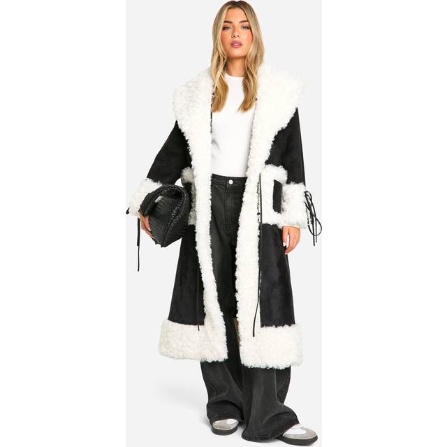Womens Bow Detail Teddy Trim Coat - Black - 12