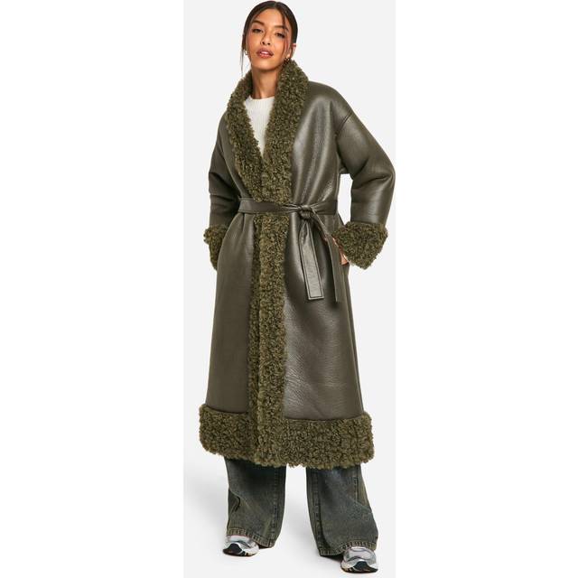 Womens Teddy Trim Belted Faux Leather Coat - Green - 12, Green
