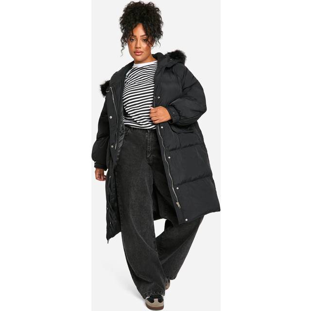 Womens Plus Faux Fur Hood Padded Parka - Black - 16, Black