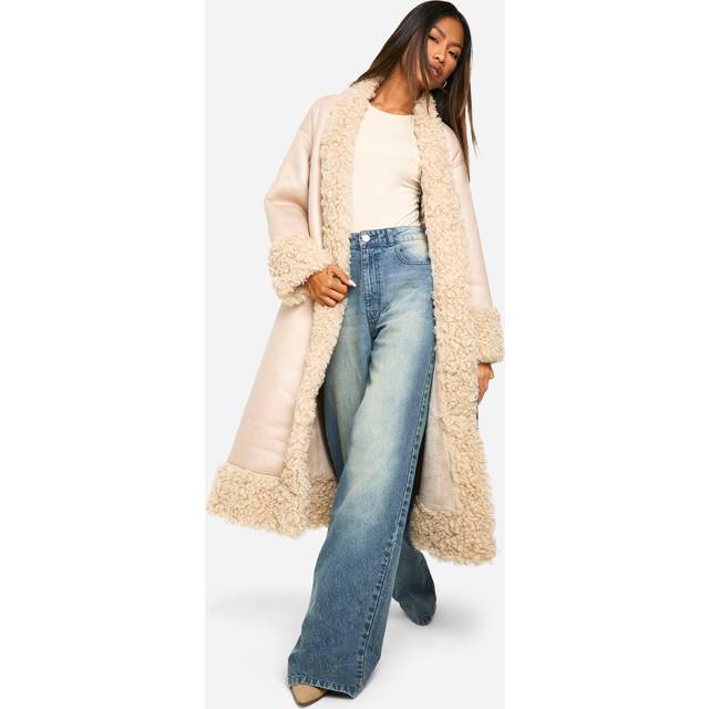 Womens Teddy Trim Belted Faux Leather Coat - White - 12, White