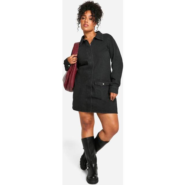 Womens Plus Denim Shift Dress - Black - 28, Black