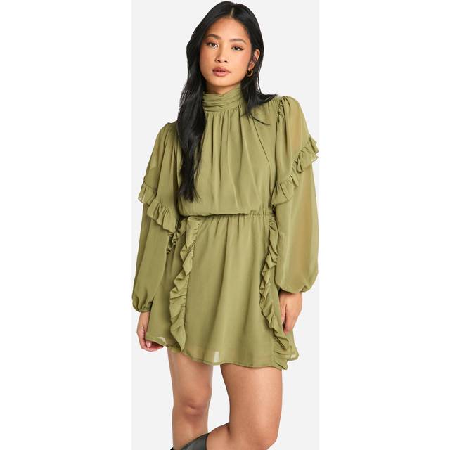 Womens Petite Chiffon High Neck Ruffle Skater Dress - Green - 10, Green