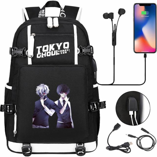New Anime Tokyo Ghoul USB Backpack Student School Bags Teenagers Black Bags-as the picture-