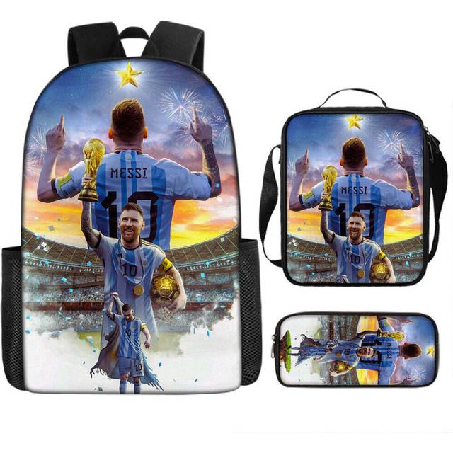 Football Star Messi Schoolbag Shoulder Backpack Student Book Kid Teenager Bag-as the picture-3 PIECES(Backpack+lunch bag+pencil bag)