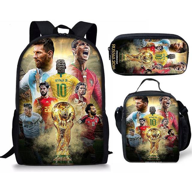 Football Star Messi Schoolbag Shoulder Backpack Student Book Kid Teenager Bag-as the picture-3 PIECES(Backpack+lunch bag+pencil bag)