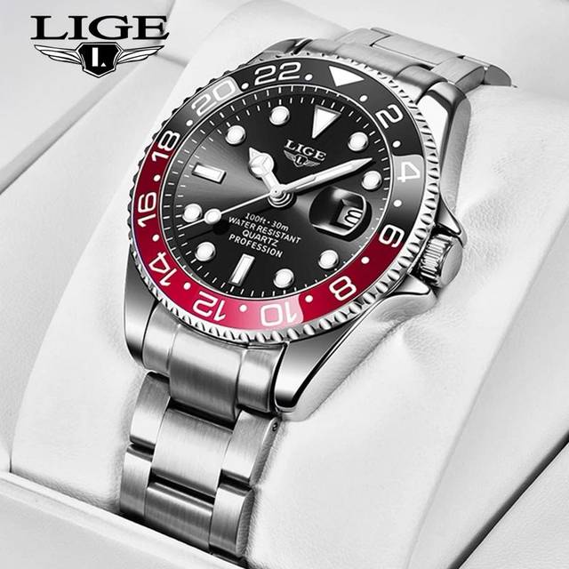 LIGE Fashion Business Mens Watches Waterproof Auto Date Watch Military Men's Watch Stainless Steel Sport Men Wrist Watches blue/red