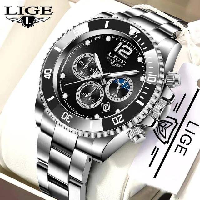(Gold Blue) LIGE Mens Watches Top Brand Luxury Clock Casual Stainless Steel 24 Hour Moon Phase Men Watch Sport Waterproof Quartz Chronograph