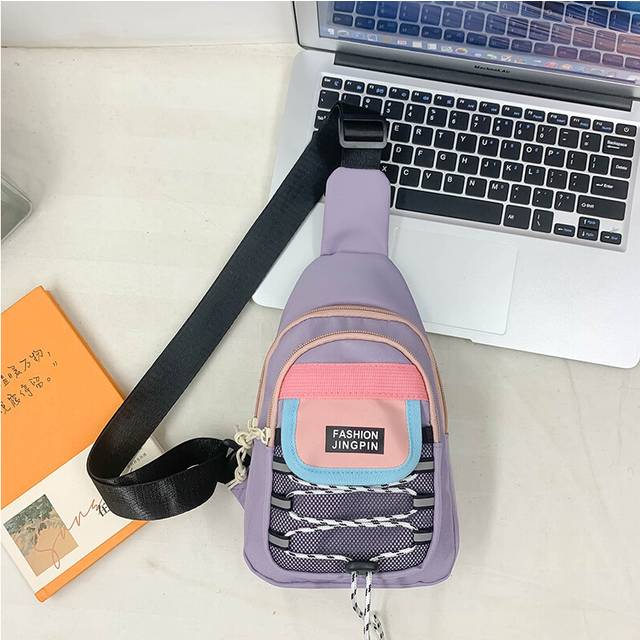 (Purple) Contemporary Childrens Canvas Crossbody Bag Spacious Color Block Design For Stylish Everyday Wear