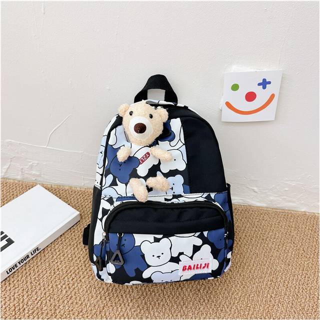 (Black) Plush Breathable Teddy Bear Backpack For Kids Fashionable Nylon School Backpack