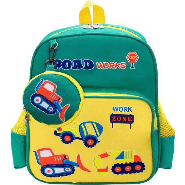 (Green) School Bags Backpack for Boys Girls, Kids Toddler Backpack Cute Construction Vehicles Schoolbag