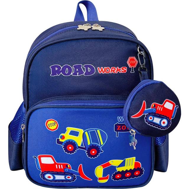 (Dark Blue) School Bags Backpack for Boys Girls, Kids Toddler Backpack Cute Construction Vehicles Schoolbag