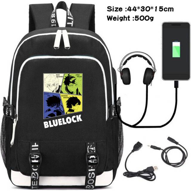 Blue Lock Backpack Student Schoolbag USB Travel Bag Bookbag Zip Canvas Rucksack-as the picture-
