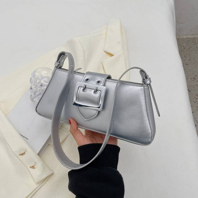 (Silver) 2023 New Urban Chic Womens Baguette Handbag Soft Pu Shoulder Bag In Black And Gold