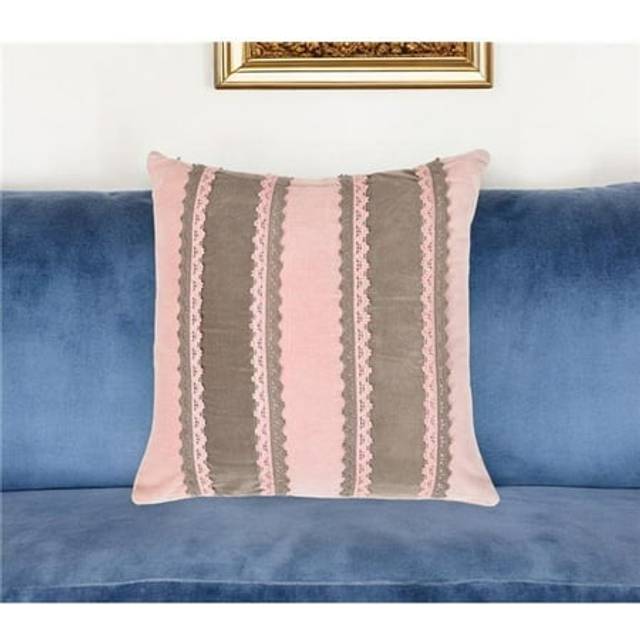 HomeRoots 534625 16 in. Pink & Brown Striped Throw Pillow Cover with Lace