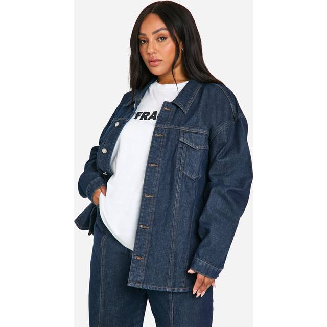Womens Plus Oversized Contrast Stitch Raw Indigo Denim Jacket - Blue - 26, Blue