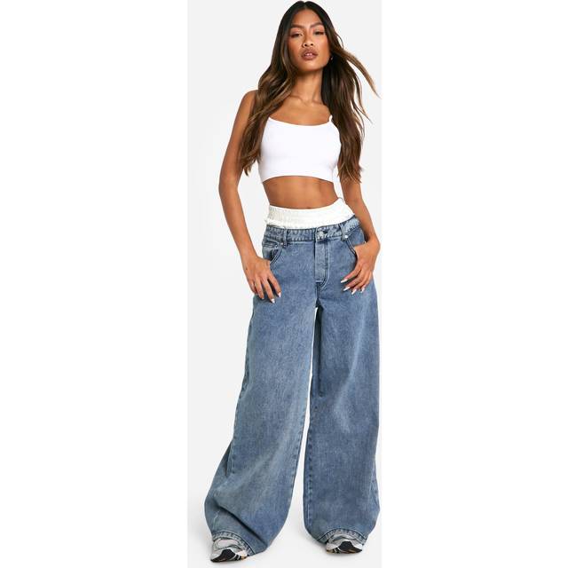 Womens Satin Boxer Detail High Waisted Wide Leg Denim Jean - Grey - 10