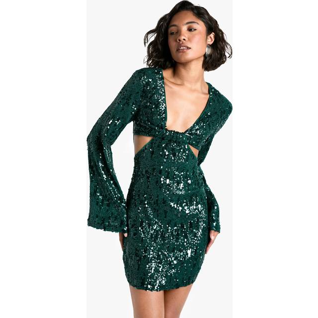 Womens Tall Sequin Twist Front Mini Dress - Green - 12, Green