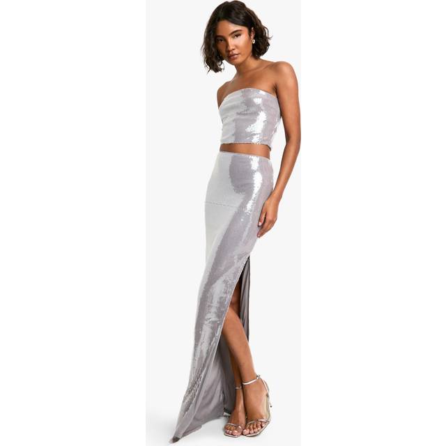 Womens Tall Sequin Bandeau And Maxi Skirt Co-Ord - Grey - 10, Grey