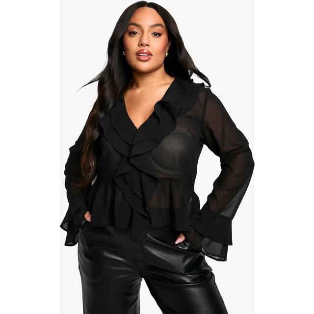 Womens Plus Woven Ruffle Blouse - Black - 28, Black