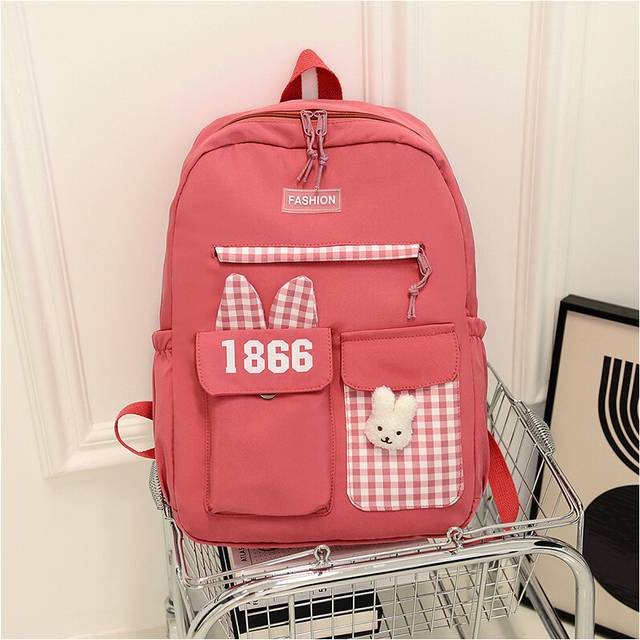 (Watermelon Red) Durable And Spacious Nylon Backpack For School Girls With Trendy Stitching Detail