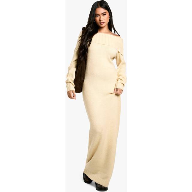 Womens Premium Oversized Bardot Neckline Maxi Jumper Dress - Beige - S