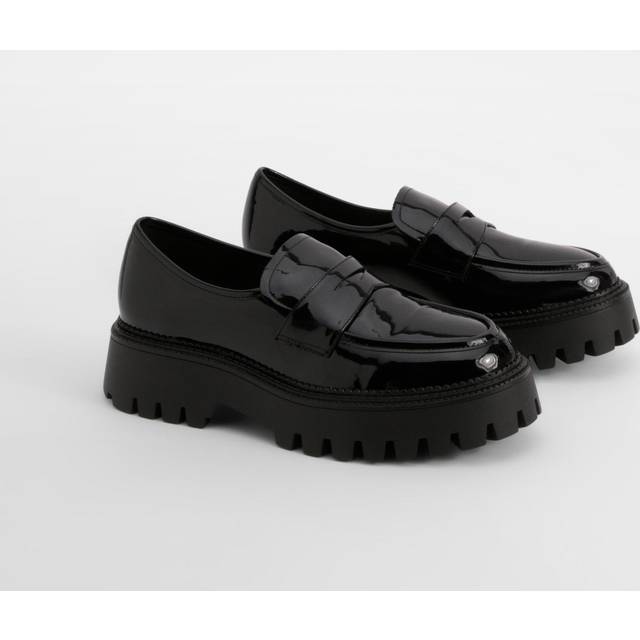 Womens Wide Fit Patent Chunky Sole Loafers - Black - 6