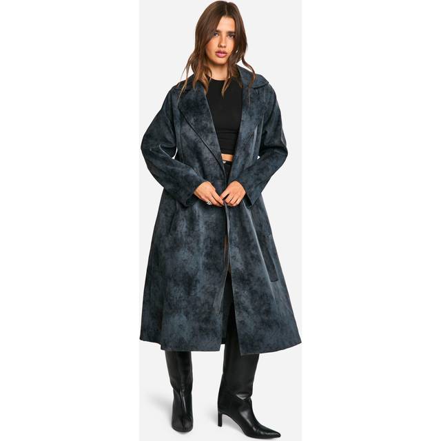 Womens Vintage Look Faux Leather Trench Coat - Grey - 10, Grey