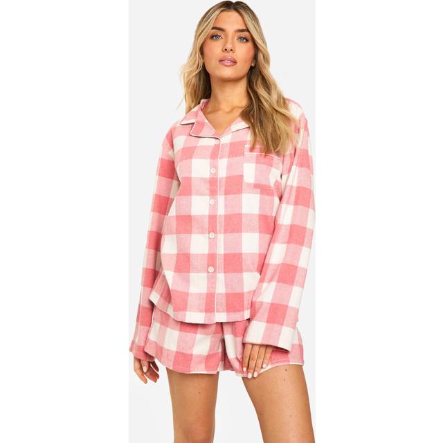 Womens Pink Check Check Long Sleeve Shirt & Shorts Pyjama Set - 14, Pink