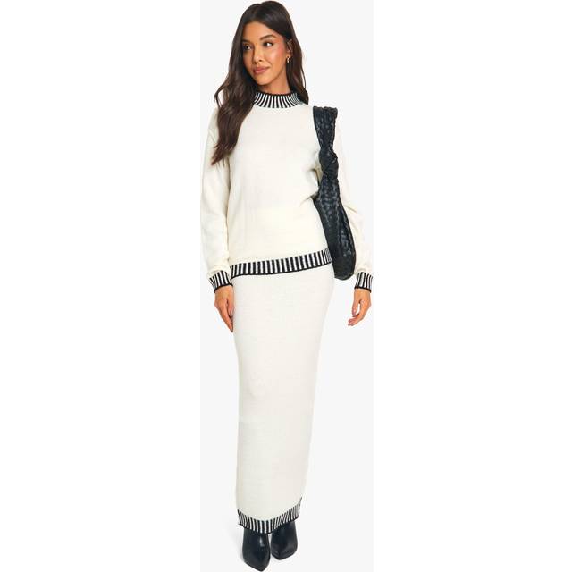Womens Premium Contrast Trim Jumper And Maxi Skirt Knitted Co-Ord - Cream - M, Cream