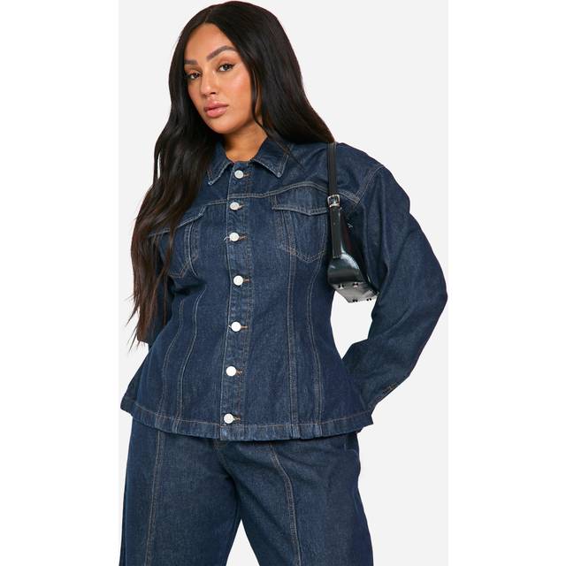 Womens Plus Cinched Waist Contrast Stitch Raw Indigo Denim Jacket - Blue - 26, Blue