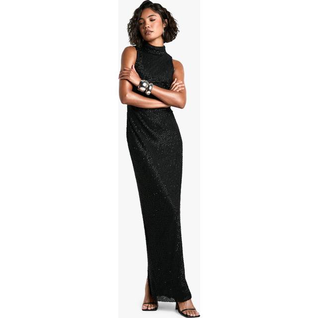 Womens Tall Tassel Sequin Racer Neck Maxi Dress - Black - 12, Black