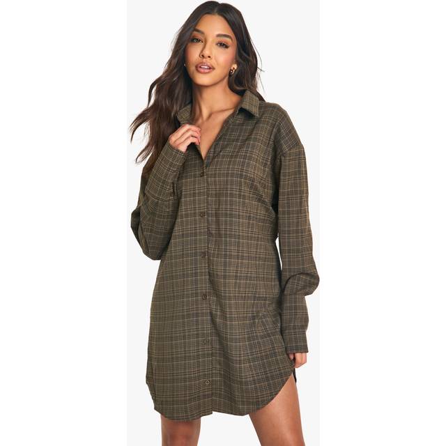 Womens Check Cinched Waist Shirt Dress - Brown - 14