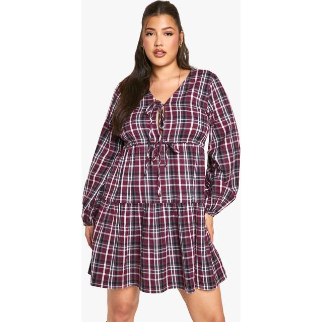 Womens Plus Check Tie Front Smock Dress - Red - 24, Red