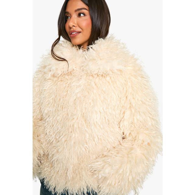 Womens Shaggy Faux Fur Coat - White - 8