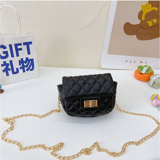 (Black) Pu Mini Trendy Leather Kids Crossbody Bag Stylish Chic Quilted Design For Girls