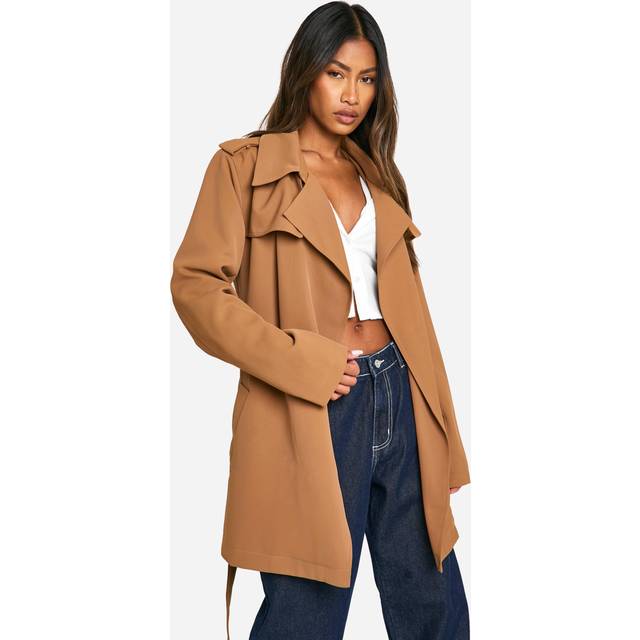 Womens Belted Short Trench Coat - Beige - 14