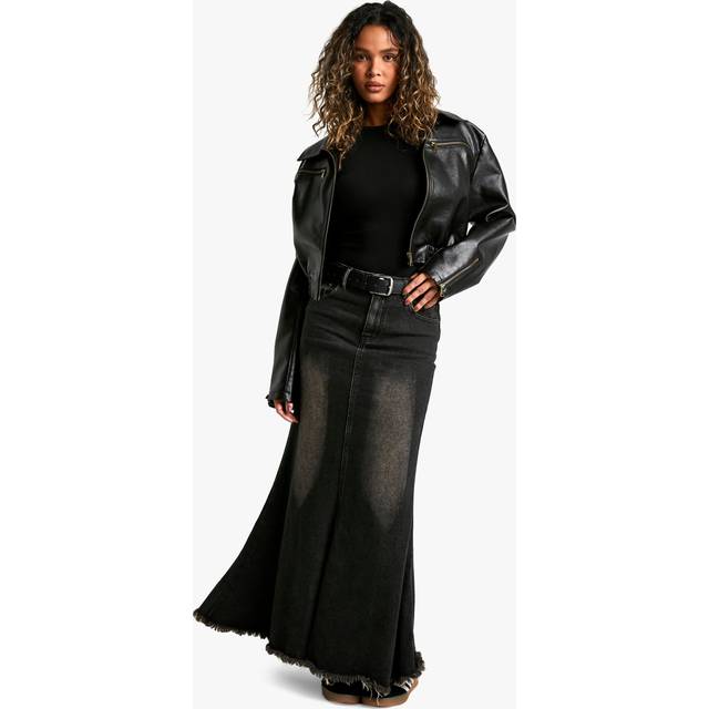 Womens Fishtail Raw Hem Denim Maxi Skirt - Grey - 10