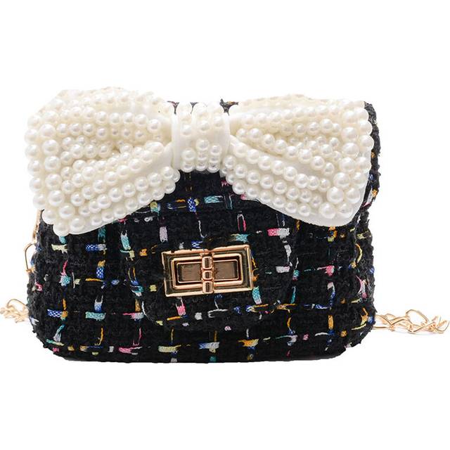 (Black) Elegant Girls Crossbody Bag In Mini Size Featuring Cute Bow And Pearl Embellishments