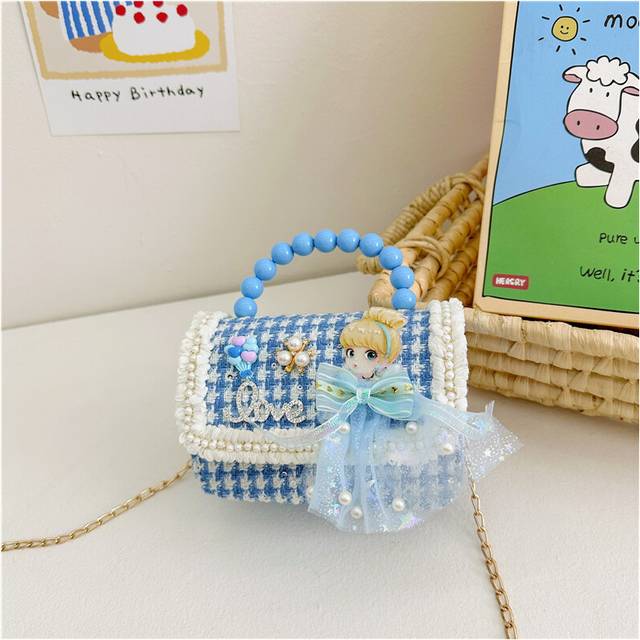 (Blue Houndstooth) Fashionable Little Girl Crossbody Bag Charming Princess Theme With Versatile Breathable Fabric