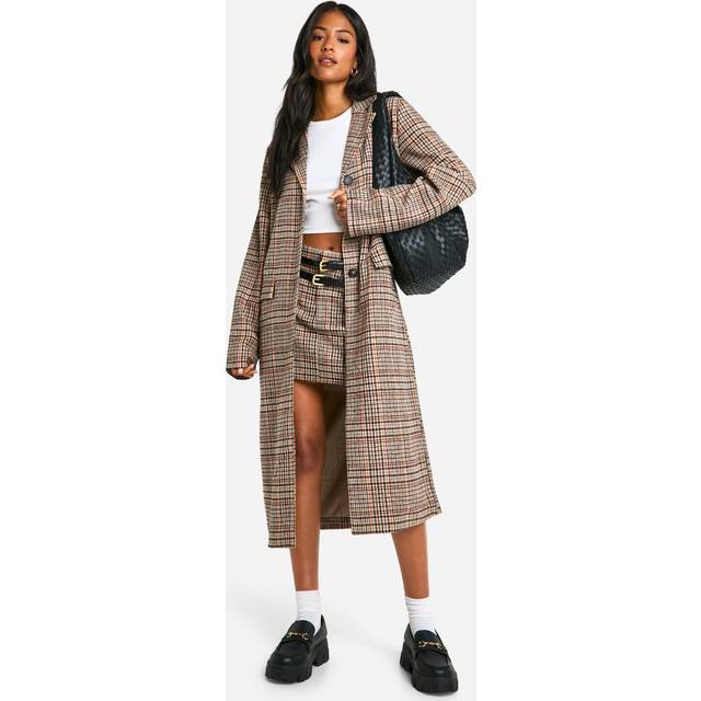 Womens Tall Check Wool Look Longline Coat - Beige - 18