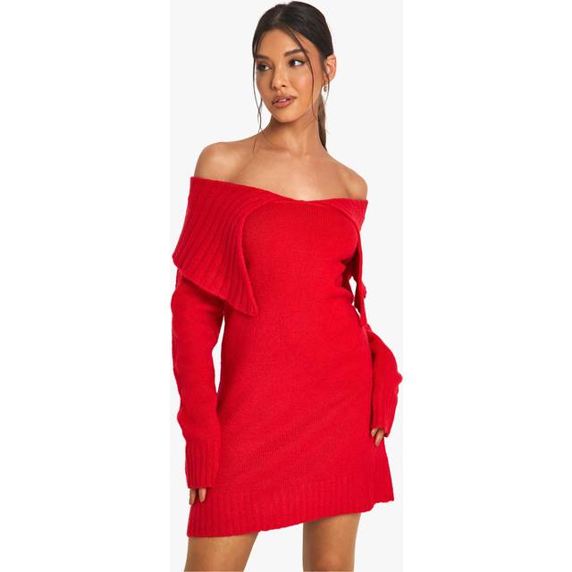 Womens Soft Knit Oversized Collar Off The Shoulder Jumper Dress - Red - M